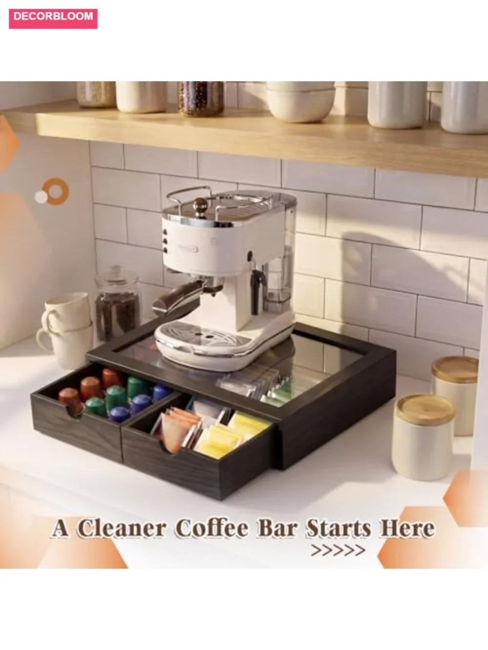 Wooden Coffee Pod Holder with Acrylic Lid, 2 Drawers, Large Capacity